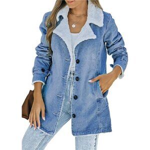 Women's Winter Warm Jean Jacket Stand Collar Wool Liner Sherpa Denim Coats